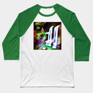 Stunning image of a waterfall and colorful garden next to a temple. Baseball T-Shirt